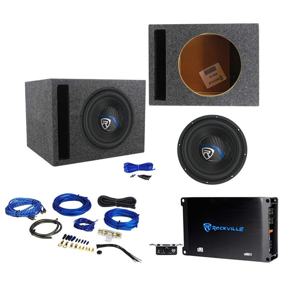 Rockville Bundle: Rockville dB11 2-Ohm Car Amp Bundle with Complete Single Sub Enclosure Kit, Rockville RSV10 Enclosure Box, Rockville RWK81 Amp Kit, Rockville K5 W10K5S2 Car Subwoofer (5 Items)