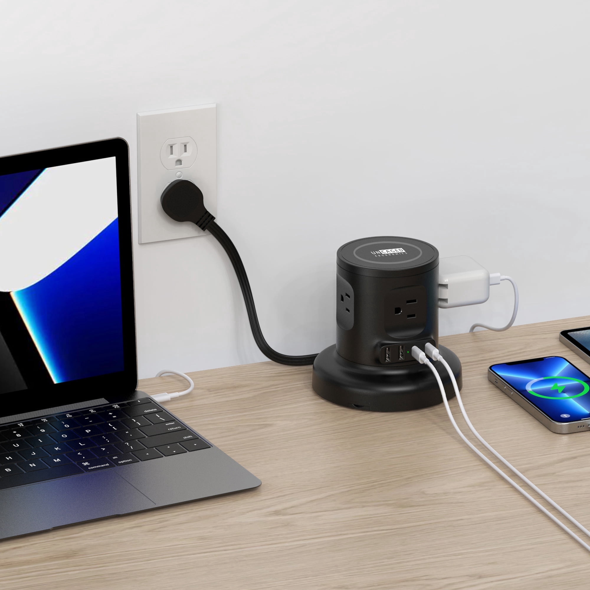 Wireless Retractable Power Strip Tower, 9-in-1 Surge Protector with 4 AC Outlets, 2 USB-C PD, 2 USB-A, 15W Wireless Charger, 6ft Auto-Retracting Cord, Fast Charging Station Black