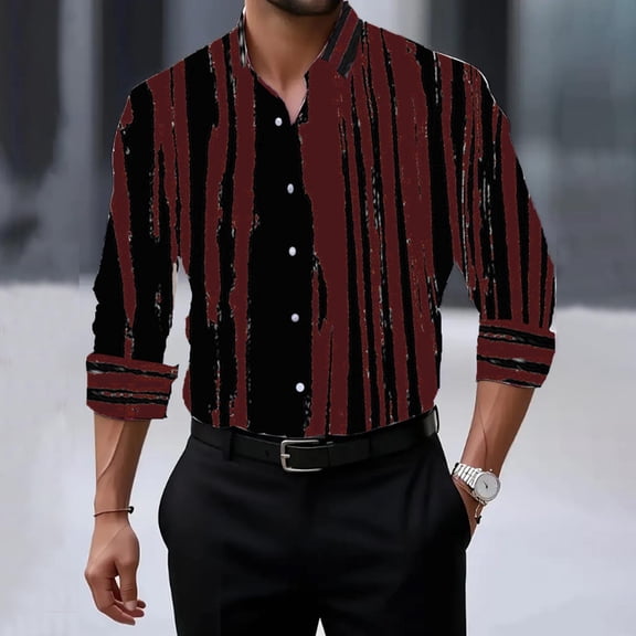 VgaVtl Long Sleeve Shirts for Men Button up Dress Shirts Standing Collar Clothes for Men Striped Red Business Cardigan Shirts