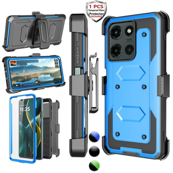 Motorola Moto G 5G 2025 Case with Holster Clip [3-in-1 Rotating Belt Clip & Kickstand] Built-in Screen Protector, Shockproof Full-Body Cover, Wireless Charging Compatible – Blue
