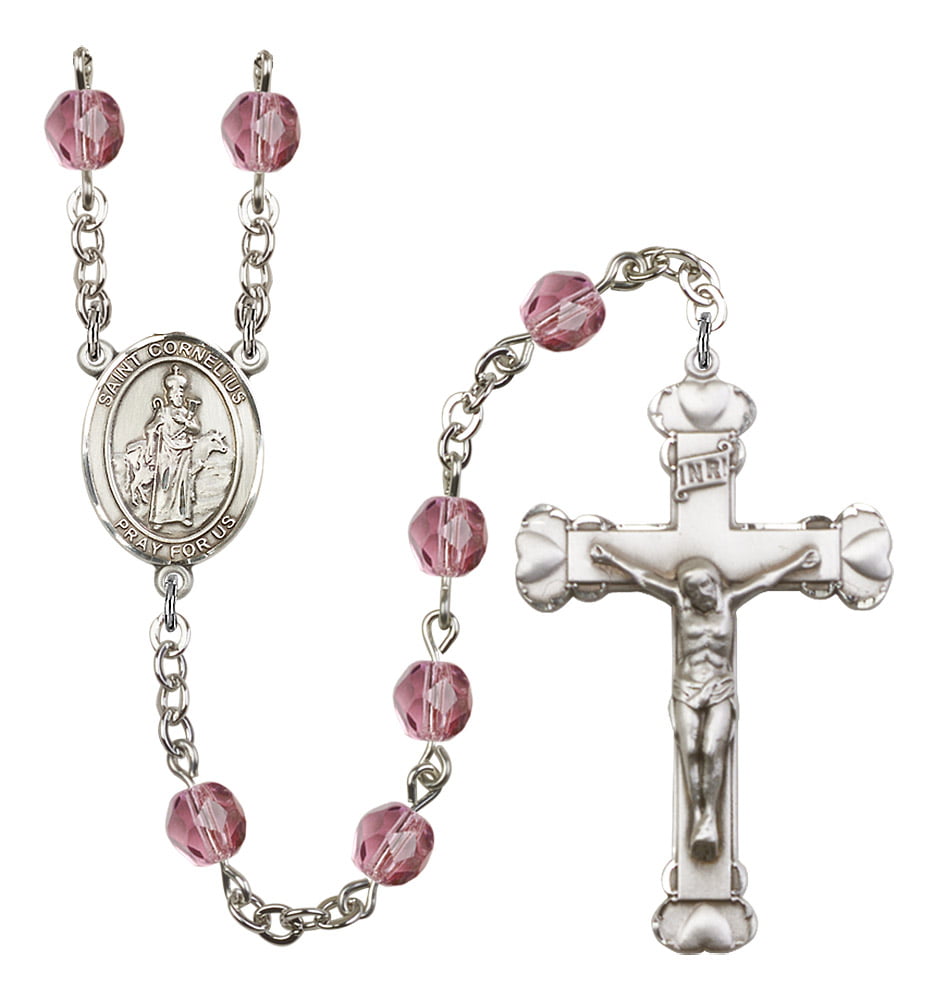 Gift Boxed and 1 5/8 x 1 inch Crucifix Silver Finish St Cornelius Center Cornelius Rosary with 6mm Amethyst Color Fire Polished Beads St 