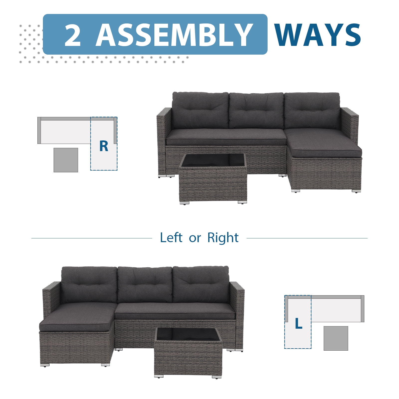 JOIVI 3 Pieces Patio Conversation Set, PE Wicker Rattan Outdoor Furniture Set, 2 Ways Small Sectional Sofa with Cushions, Tempered Glass Coffee Table, Dark Gray