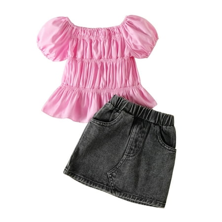 

Bagilaanoe 2PCS Toddler Baby Girls Skirt Set hort Puff Sleeve Smocked T Shirts Tops + Denim Skirt 18M 24M 3T 4T 5T 6T Kids Casual Outfits