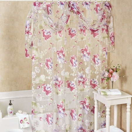 Sheer Floral Shower Curtain With Detachable Scarf Valance And