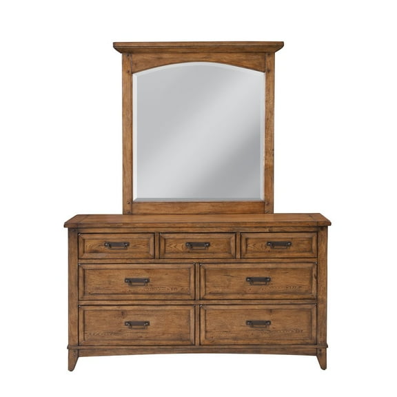 American Woodcrafters Oakdale 7-Drawer Dresser with Mirror- Honey Oak