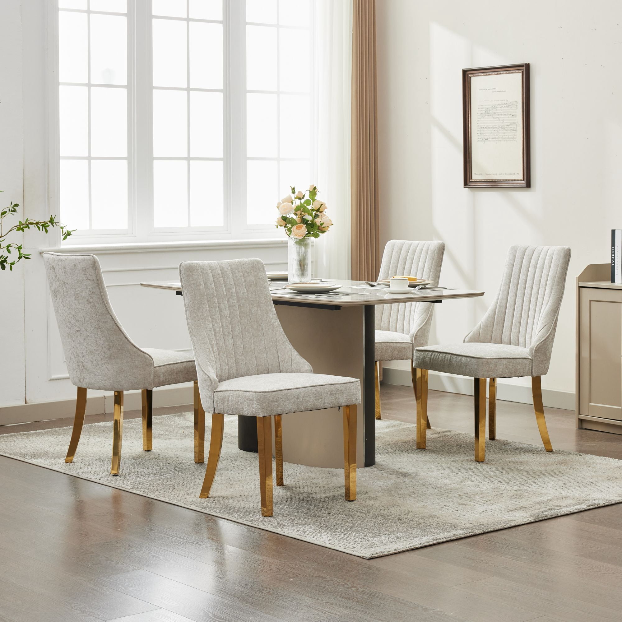 Aukfa Modern Chenille Dining Chairs Set of 2, Upholstered Kitchen Side Chair Accent Chair w/ Golden Steel Legs,Beige