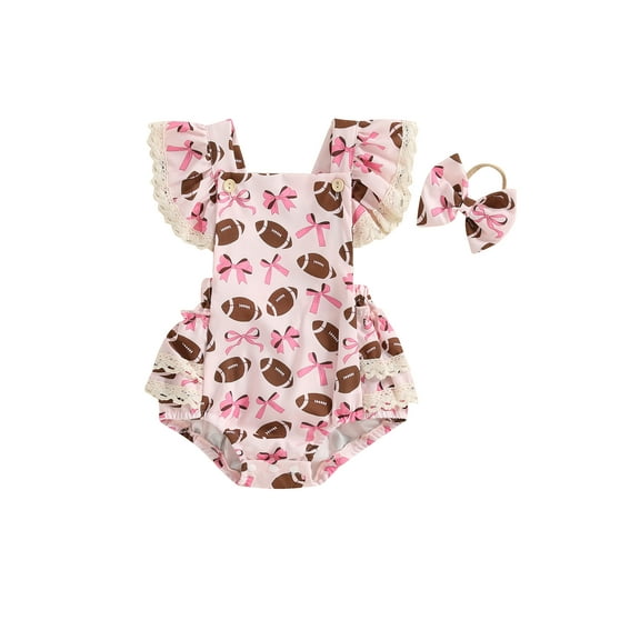 Rovasas Baby Girl Fall Outfits Football Bow Print Bodysuit with Headband