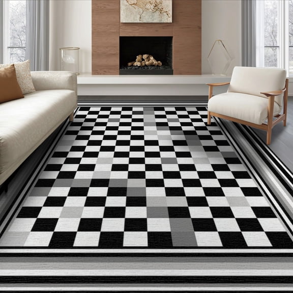 ODIKA 8'x10' Washable Area Rug Entryway Interlocking Geometric Banded Monochrome Bathroom Front for King Size Bedroom Under Bed, Master Suite, Non-Shedding, Easy Care