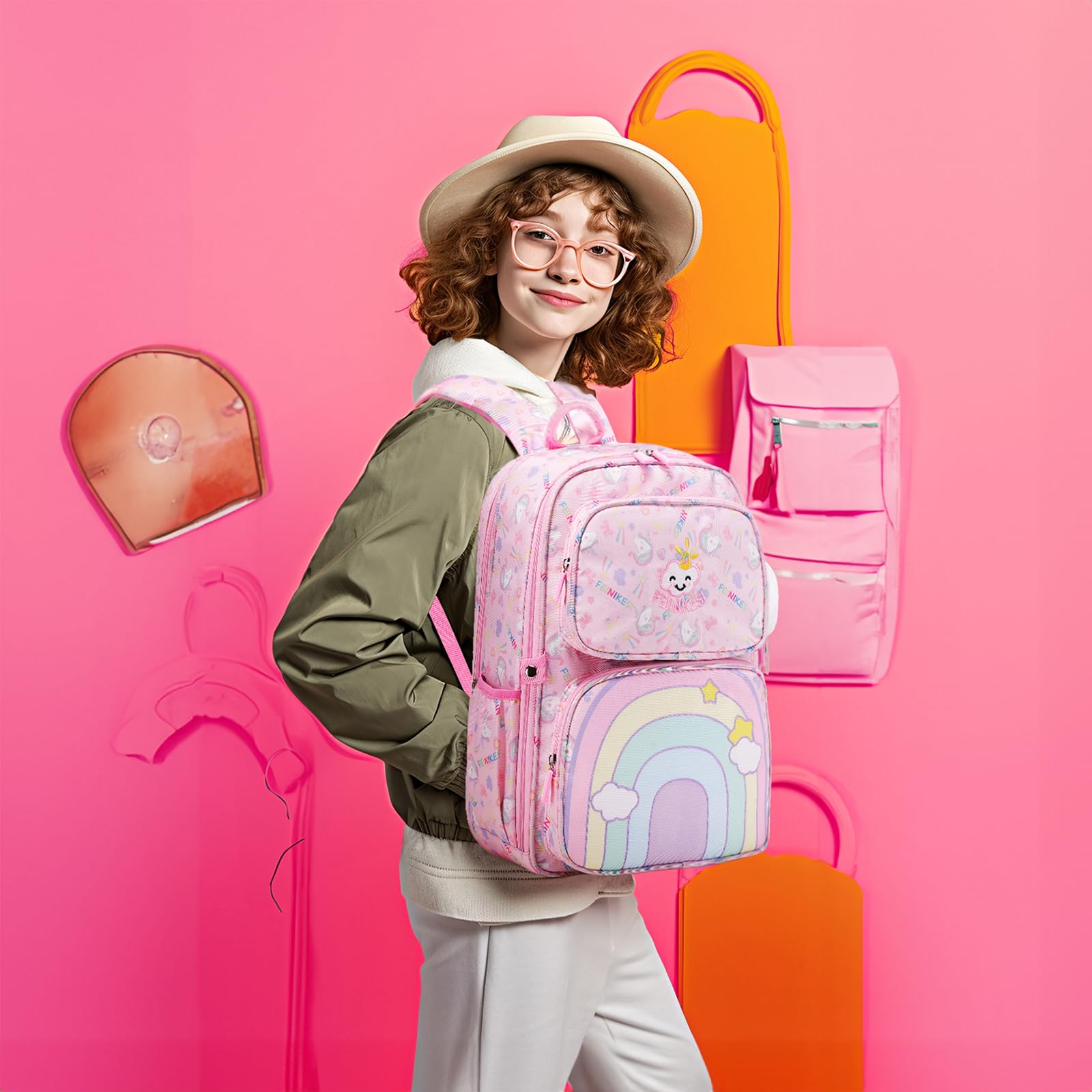 Mochila escolar para niñas, bonita con arcoíris, de gran capacidad y múltiples bolsillos, rosa 6
