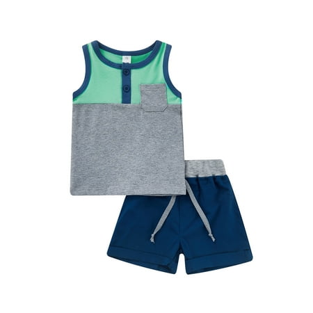 

ZIYIXIN Summer Casual Baby Boys Clothes 2pcs Colorful Striped Patchwork Sleeveless Vest+Shorts Sets Blue Gray 6-12 Months