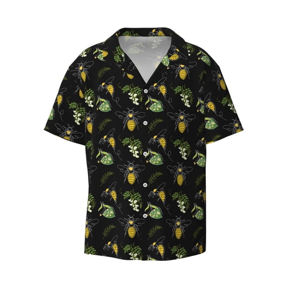 Naloa Bee Floral Men's Loose Fit Cuban Collar Short-Sleeve Shirt with Button-down and Chest Pocket for Everyday Wear Outings - Small