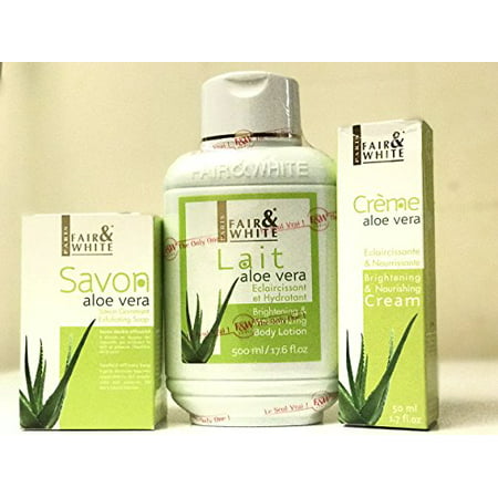 Fair & White Aloe Vera (Value Pack) Savon Exfoliating Soap 200g, Moisturizing Body Lotion 500ml & Nourishing Cream