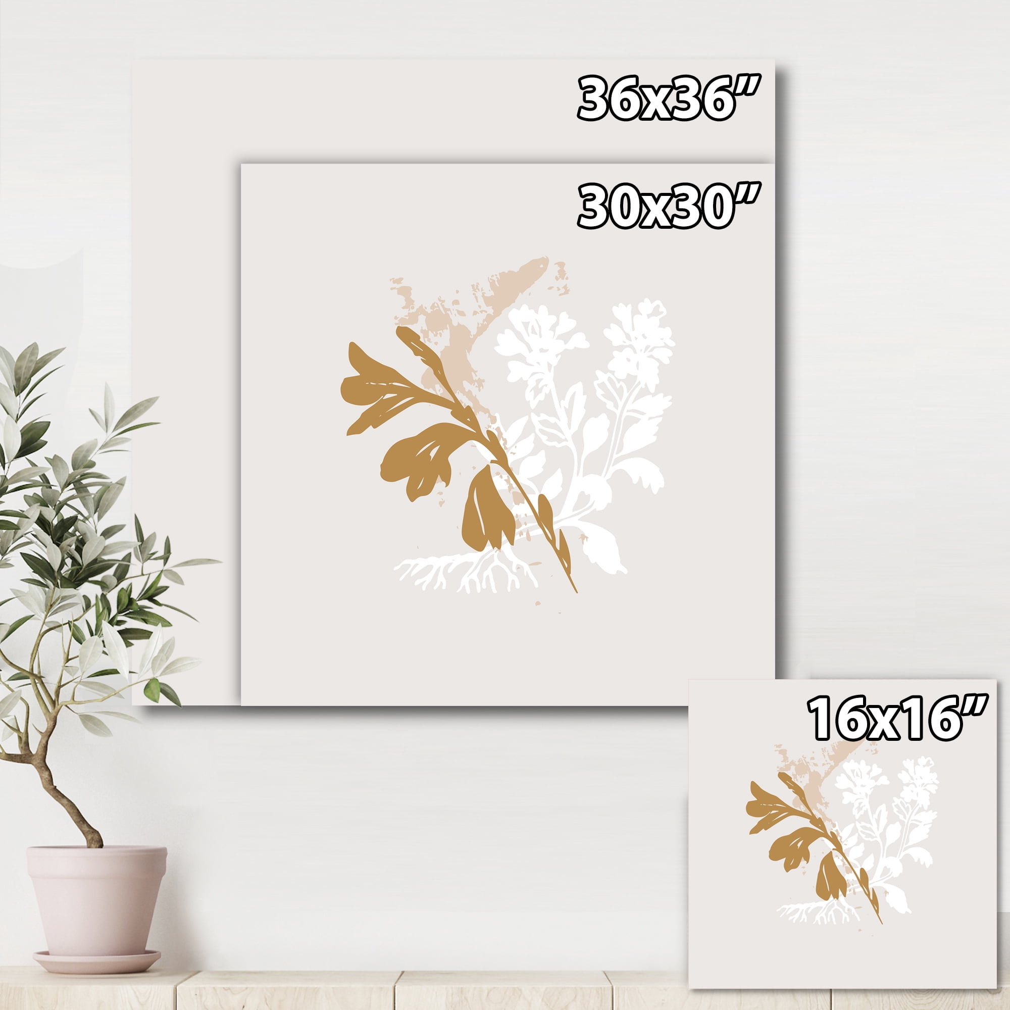 Designart ' Minimal Botanical Design In White and Brown ' Traditional Canvas Wall Art Print