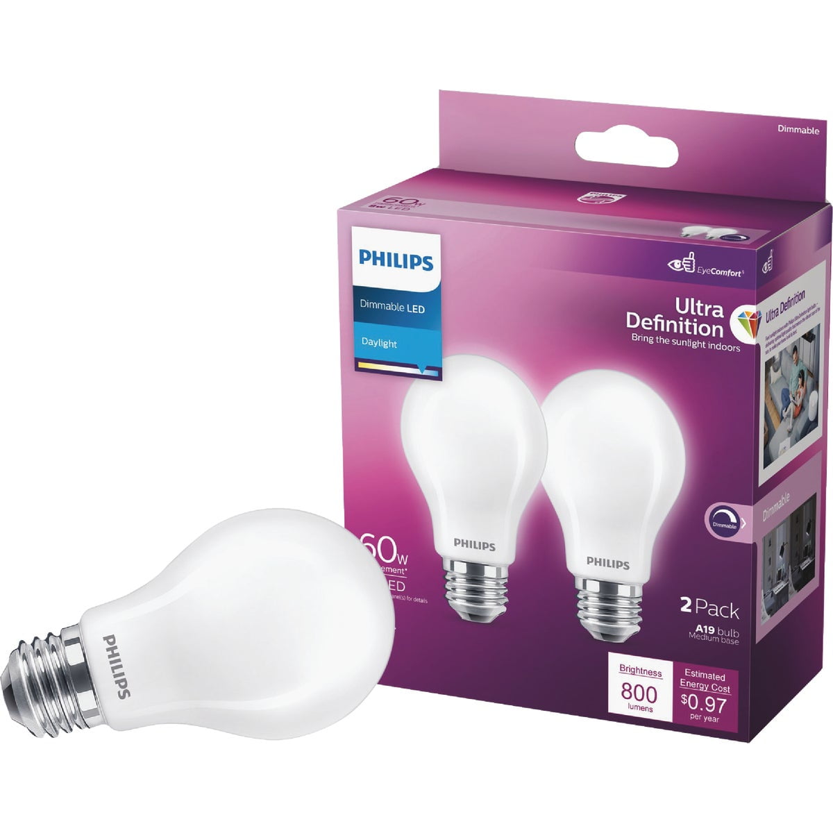 Philips Ultra Definition 60W Equivalent Daylight A19 Medium LED Light Bulb Frosted (2-Pack)