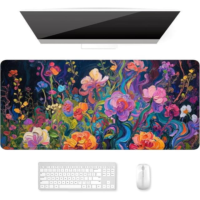 Auhoahsil Desk Mat, Ultra Large Mouse Pad, XXL Gaming Mousepad, Pretty Desk Pad, Big Extended Full Size Desktop Desk Matt for Keyboard, Laptop & Computer, 35.5 x 15.7 in, Colorful Flowers