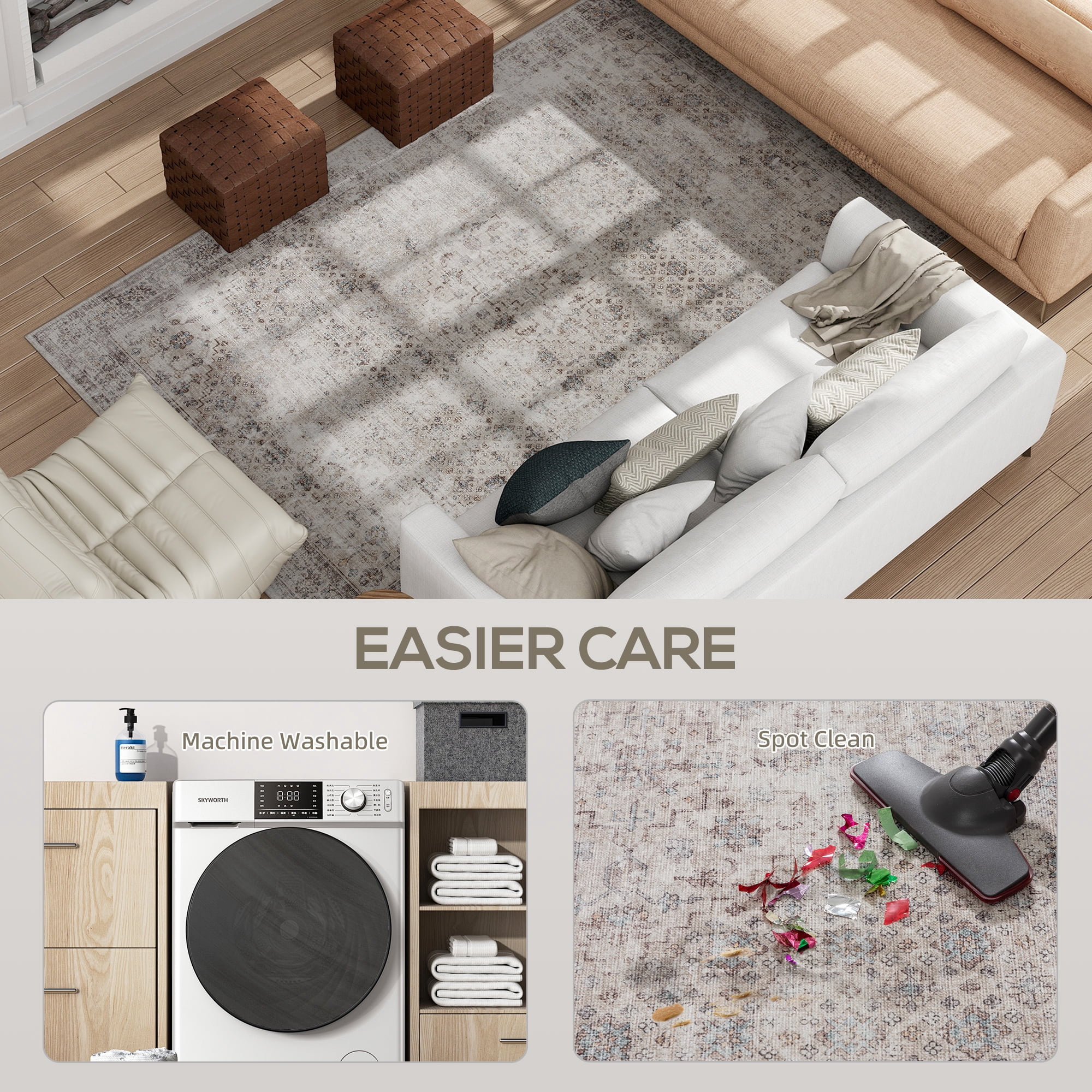 HOMCOM Machine Washable Area Rug 5x7, Non-Slip Traditional Floor Carpet for Living Room, Bedroom, Dining Room, Light Mixed-Brown