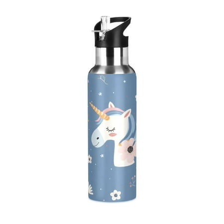 

Water Bottles 34oz Straw Lid Wide Mouth Stainless Steel for School Sport Travel Cute Unicorn Head and Flowers