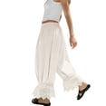 thumbnail image 4 of Women Linen Lace Trim Long Bloomers Pants Ruffle Victorian Vintage Pantaloons Summer Beach Travel Vacation Pants White S, 4 of 6