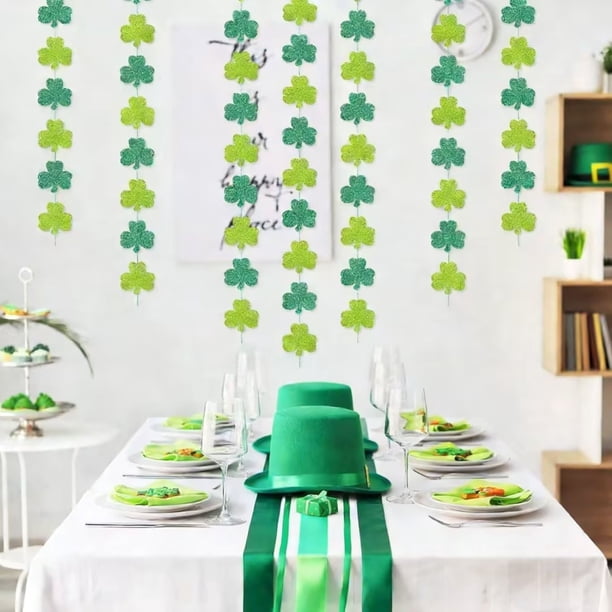 Banderines de papel desplegables con trébol verde brillante para el Día de San Patricio - Adornos decorativos colgantes de 199 cm para la decoración de fiestas del festival irlandés.