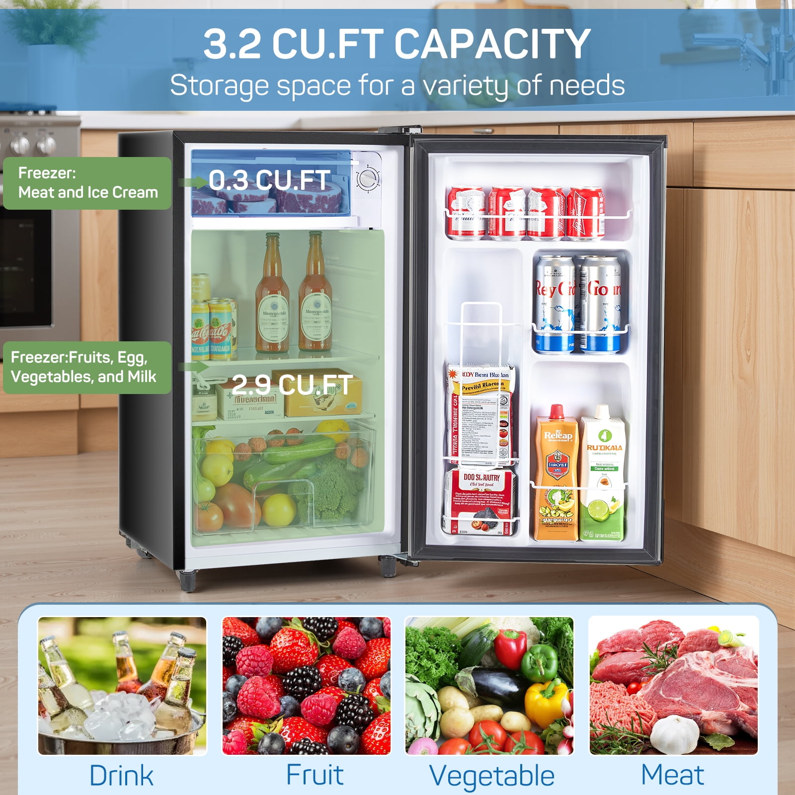 Upgraded Compact Mini Fridge with Freezer, 3.2 Cu.Ft Small Refrigerator for Bedroom, Dorm, Office, Low Noise, Adjustable Thermostat, Quiet & Energy Efficient, Black