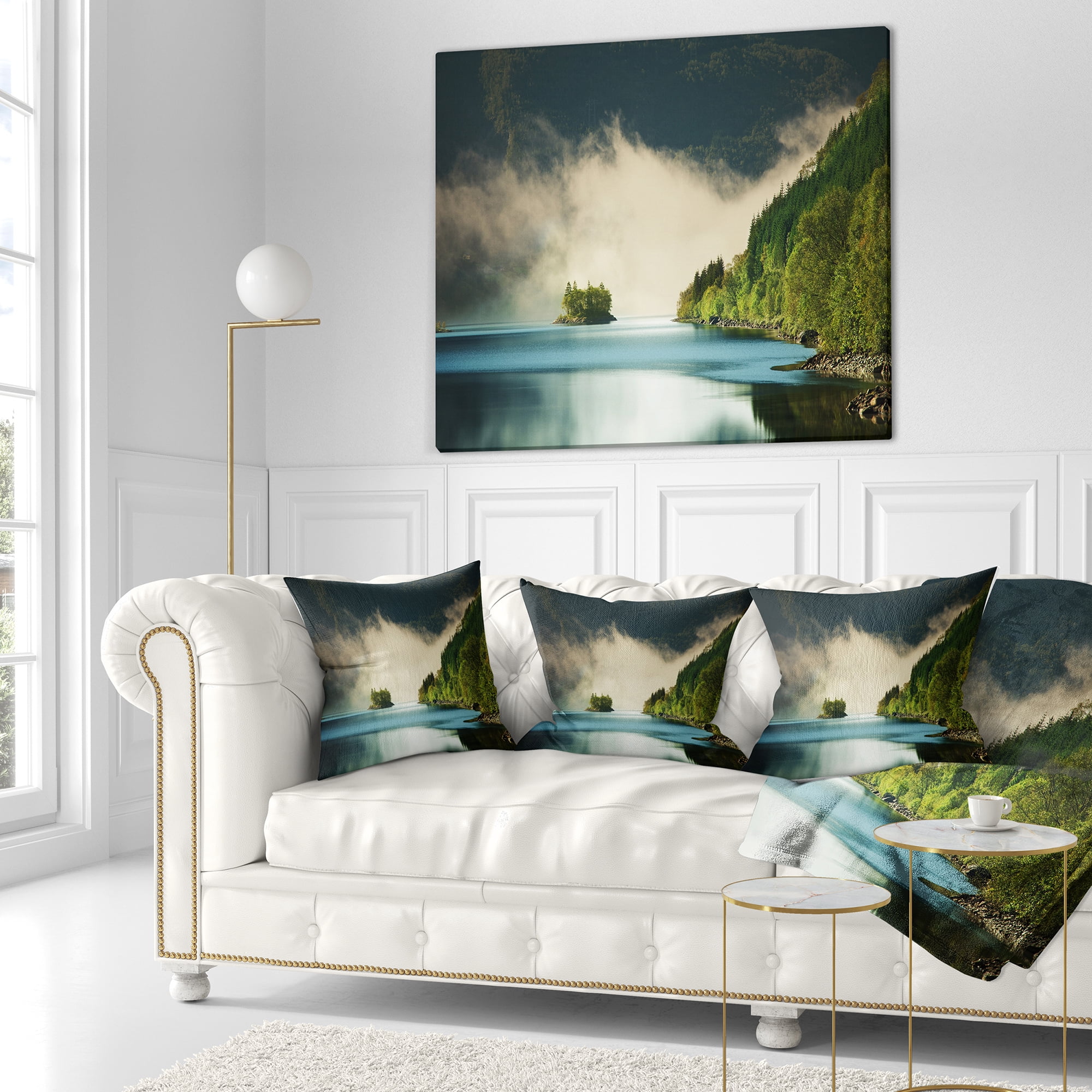 Designart Beautiful Lake By Green Mountains - Landscape Printed Throw Pillow - 16x16
