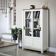 Better Homes & Gardens Langley Bay Rustic Farmhouse Bookcase Cabinet with Sliding Glass Doors, White with Brown Oak Top