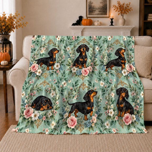 Elegant Dachshund Dog Rose Wreath Botanical, Playful Pet Portrait Pattern, Warm Flannel Blanket for Living Room and Reading Nook, Dog Lovers Thanksgiving Gift, Pet Lover Home Decor