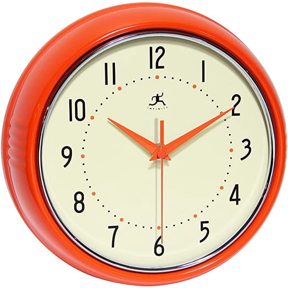 9.5 in Round Wall Clock, Orange Finish Case, Glass Lens, Second Hand, Silent Movement