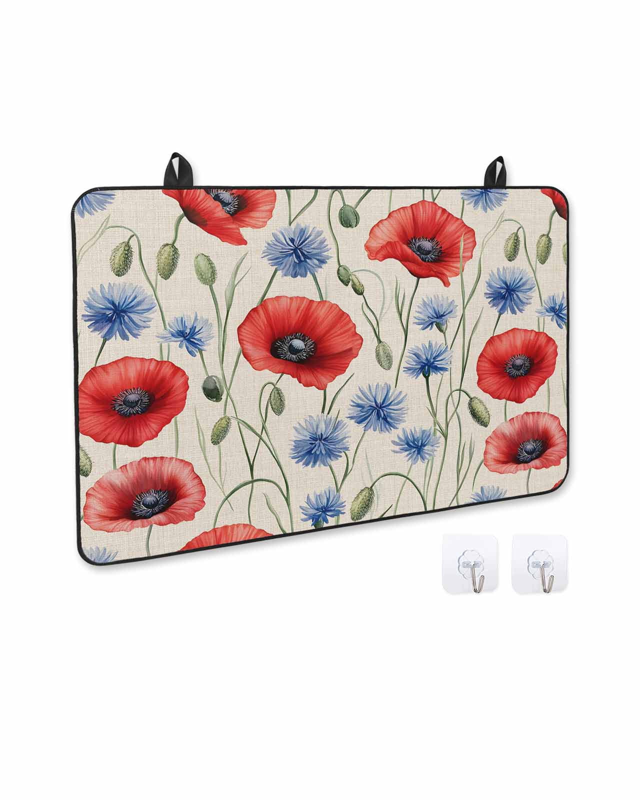 nqOlkjepod Large Induction Cooktop Protector Mat 36"x21", Red Poppy Flower Stove Top Covers for Electric Stove, Blue Daisy Floral Patriotic 4th of July Stove Burner Cover Mats, Glass Top Stove Cover