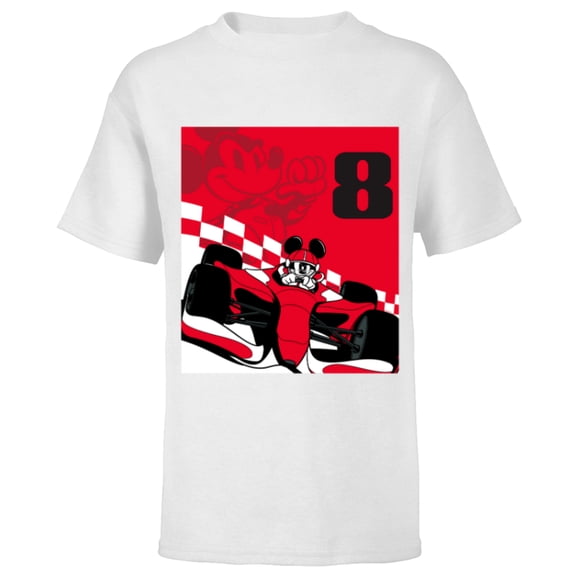 Disney Racing 8th Birthday 8 Years Old Mickey Mouse Race Car - Short Sleeve T-Shirt for Kids - Customized-White