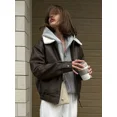 thumbnail image 2 of Chaquetas de piel sintética lisa a la moda para mujer, abrigos elegantes de lana de cordero con solapa y cremallera para entretiempo, ropa de calle informal cálida para otoño e invierno, 2 of 5