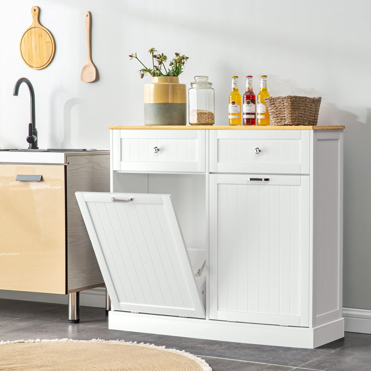 GAZHOME Kitchen Trash Can Cabinet, Double Tilt Out 20 Gallon Garbage Cans Cabinet, White