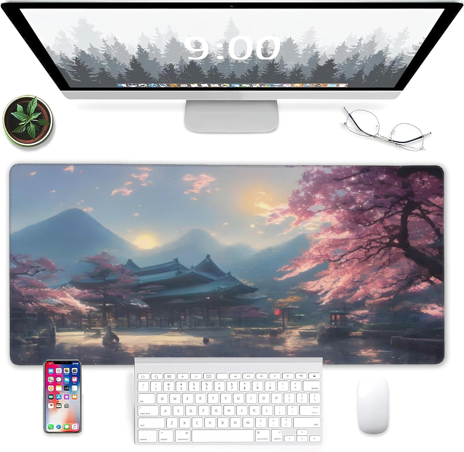 Desk Mat, Spring Cherry Blossoms Extended Gaming Mouse Pad Large, Fantastic Shrine Desk Mat with Non-Slip Base and Stitched Edge, Long Computer Keyboard Mouse Mat for Home Office Work 31.5"x15.7"