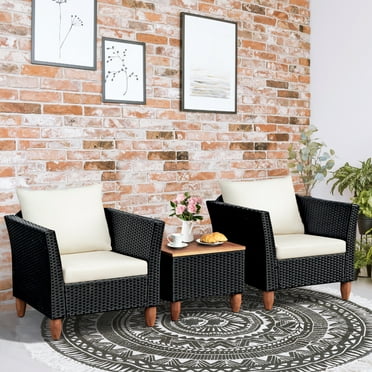 Gymax 3PCS Cushioned Patio Conversation Furniture Set w/ Wooden Table Top & Feet