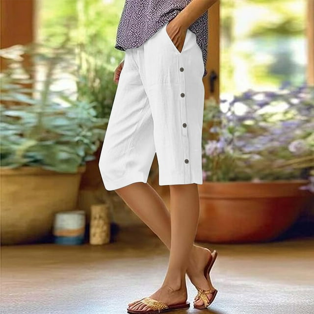 Aqestyerly Women's Linen Drawstring Bermuda Shorts Solid Color Shorts Summer with Side Buttons Pockets Beach Shorts Breathable Cotton Linen Blend for Summer