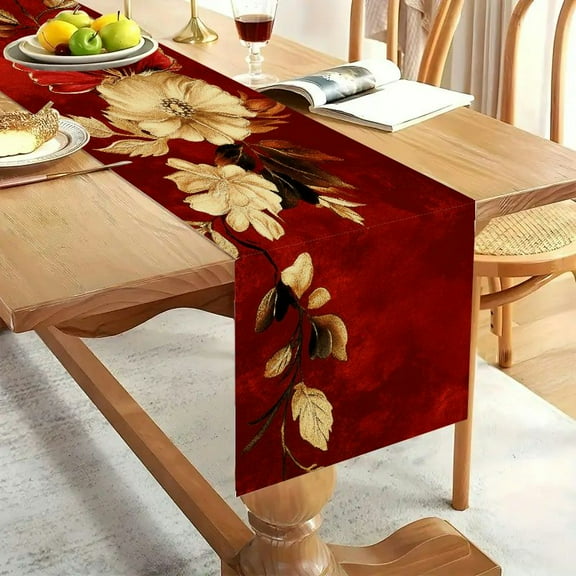 1pc Linen 100% detailed floral pattern on red velvet Party Decoration, Gift, Holiday Decorations, Room Decor, Scene Decor Table Runner