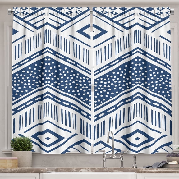 Ambesonne Chevron Kitchen Curtains, Tribal Sketchy Zigzags Art, 55"x24", Night Blue White