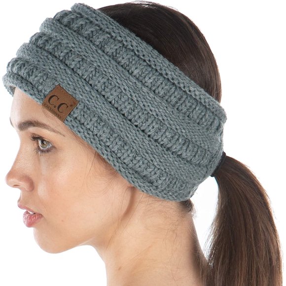 shiyou-Women's Fleece Lined Cable Knit Headband with Ponytail Hole, Winter Head Warmer for Women with Ponytail - Dove Grey