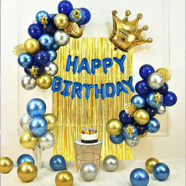 Conjunto de decoración de fiesta de cumpleaños azul dorado y plateado que incluye pancarta de feliz cumpleaños, globos, cortina con flecos metálicos, traje de corona dorada, perfecto para niñas o niño