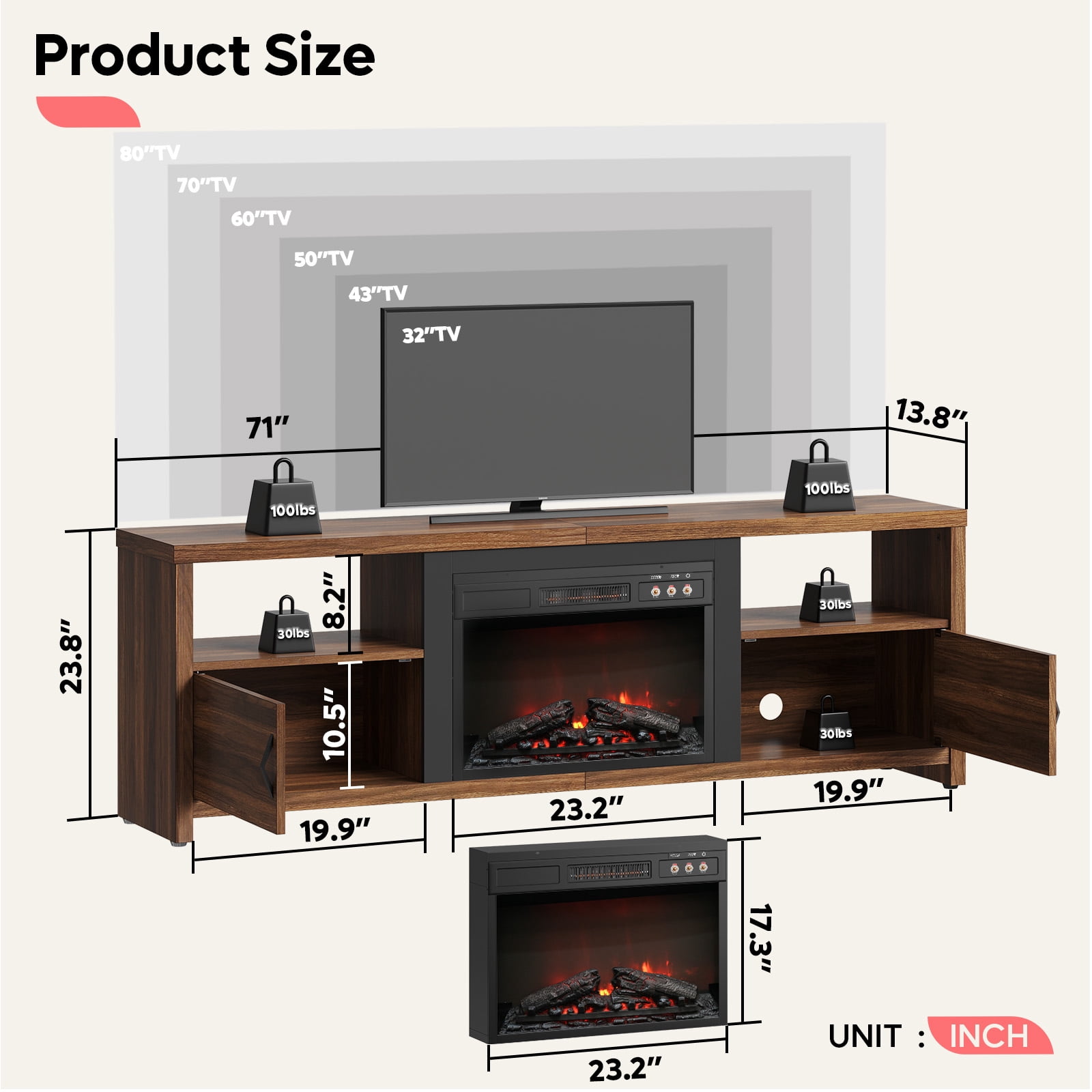Bestier 71" Fireplace TV Stand for TVs up to 75" LED Entertainment Center with 23" Remote Control Electric Fireplace, Walnut