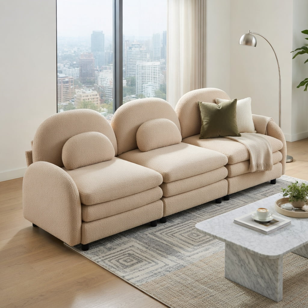Hommoo Teddy Fleece 4-Seat Modular Sofa Set, Cloud-Soft Curved Backrest, Double-Layer Cushions & Lumbar Support, Living Room Couch, Beige