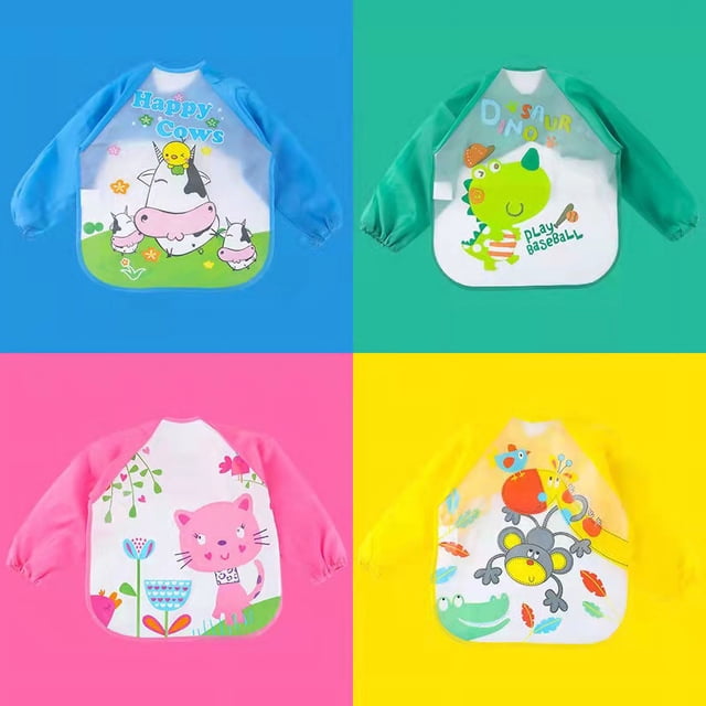 Babero Impermeable de Manga Larga, Delantal con Babero para Bebé de 4 Piezas, Delantal de Alimentación para Juegos, Delantal de Pintura, Babero Impermeable Unisex para Bebés de 6 Meses a 3 Años