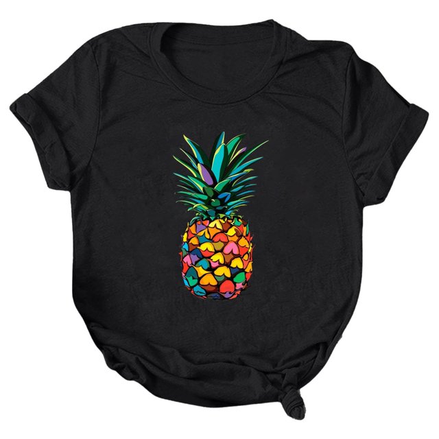 Gibobby Casual Playera de Manga Corta para Mujer Mujeres Casual Piña Impresión Mangas Cuello Redondo Camiseta Suelta Blusa Tops(Negro,M)