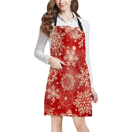 

ASHLEIGH Vintage Christmas Snowflakes on Red Background Kitchen Apron Mens and Womens Bib Apron Adjustable with Pockets for Cooking Baking Gardening