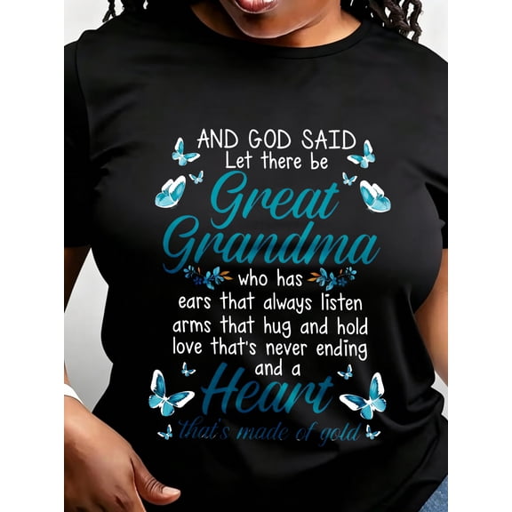 Women Great Grandma Butterfly Graphic T-Shirt Gift For Great Grandmother Blue Floral Short Sleeve Tee