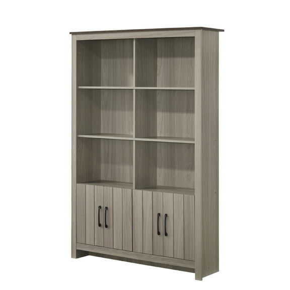 Nena Bookcase with 6 Shelves and 4 Cabinet Doors- Gray Wood 71 Inch