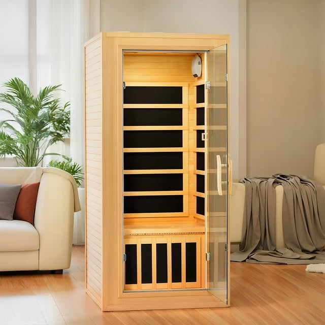 1 Person Low EMF Home Sauna Room with Far Infrared, 1180W Infrared Sauna Spa with Intelligent Control Panel, Glass Door, Blue-Tooth, 31.5 * 31.5 * 67in