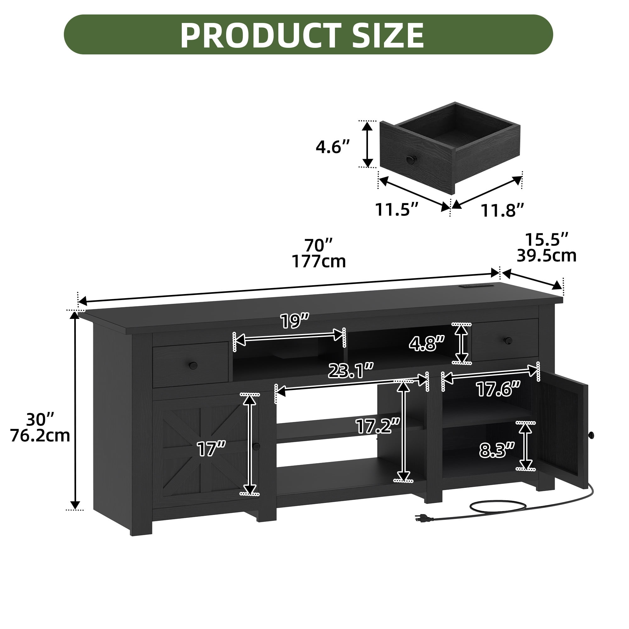 Uforic 70 Inch Modern Farmhouse TV Stand for 75/80 Inch TV with Built-in Power Outlets, 2 Cabinets & Open Compartments for Living Room, Black