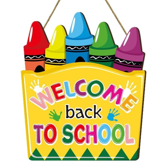 Wooden Door Hanger Plaque, Cute Crayon Welcome Sign for Classroom Entryway and Door Decor, Back-to-School Welcome Sign for Teachers, Students, and Classroom Wall Decor