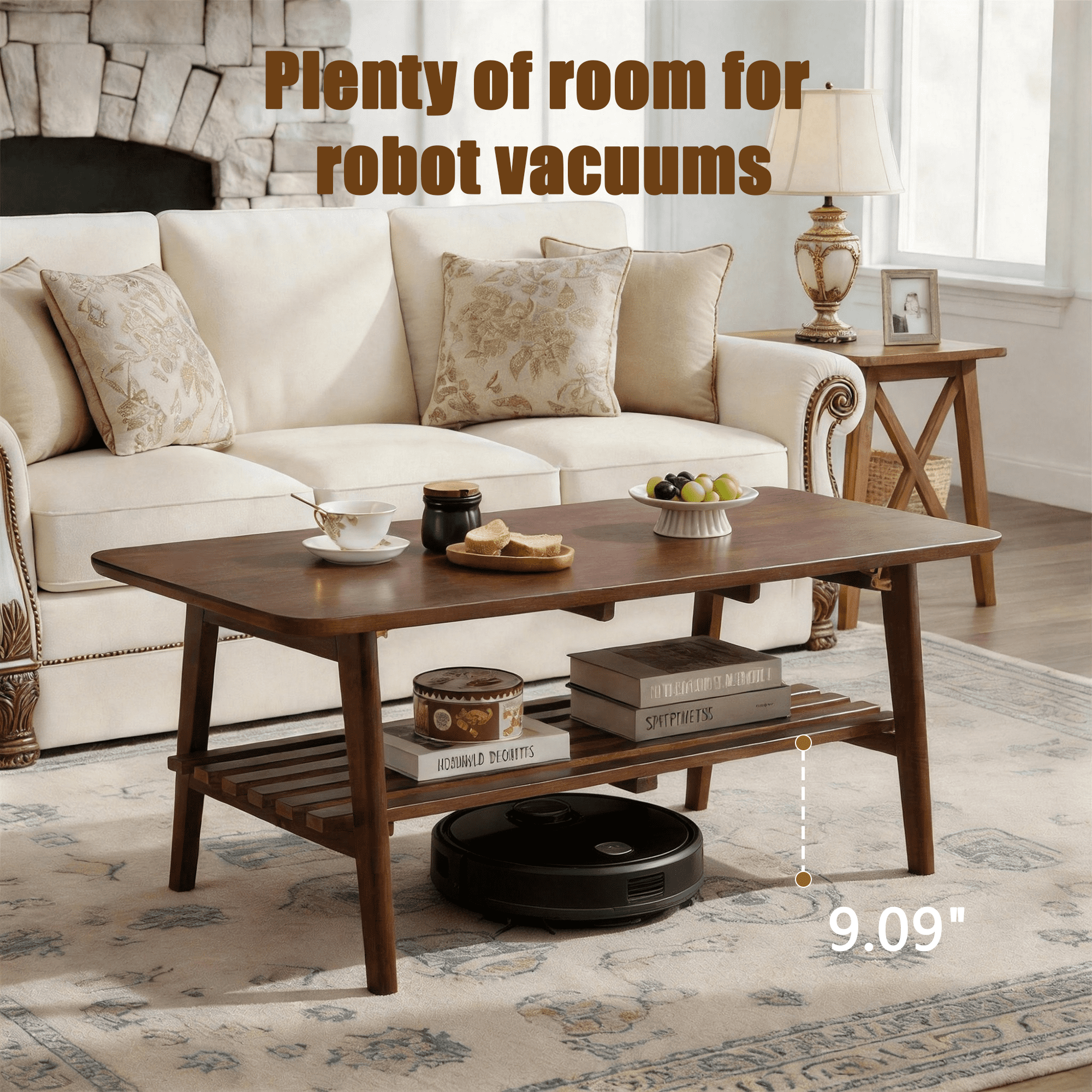 Wooden Coffee Table with Storage Shelf, Rectangular Center Table for Living Room, Walnut Brown